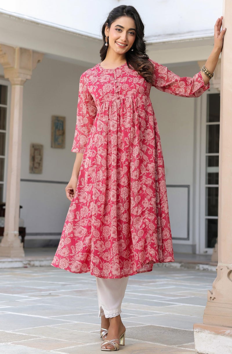 Janasya Women's Dark Pink Chiffon Lurex Floral Printed Flared Kurta (JNE4122-KR-RE-L) - Image 3