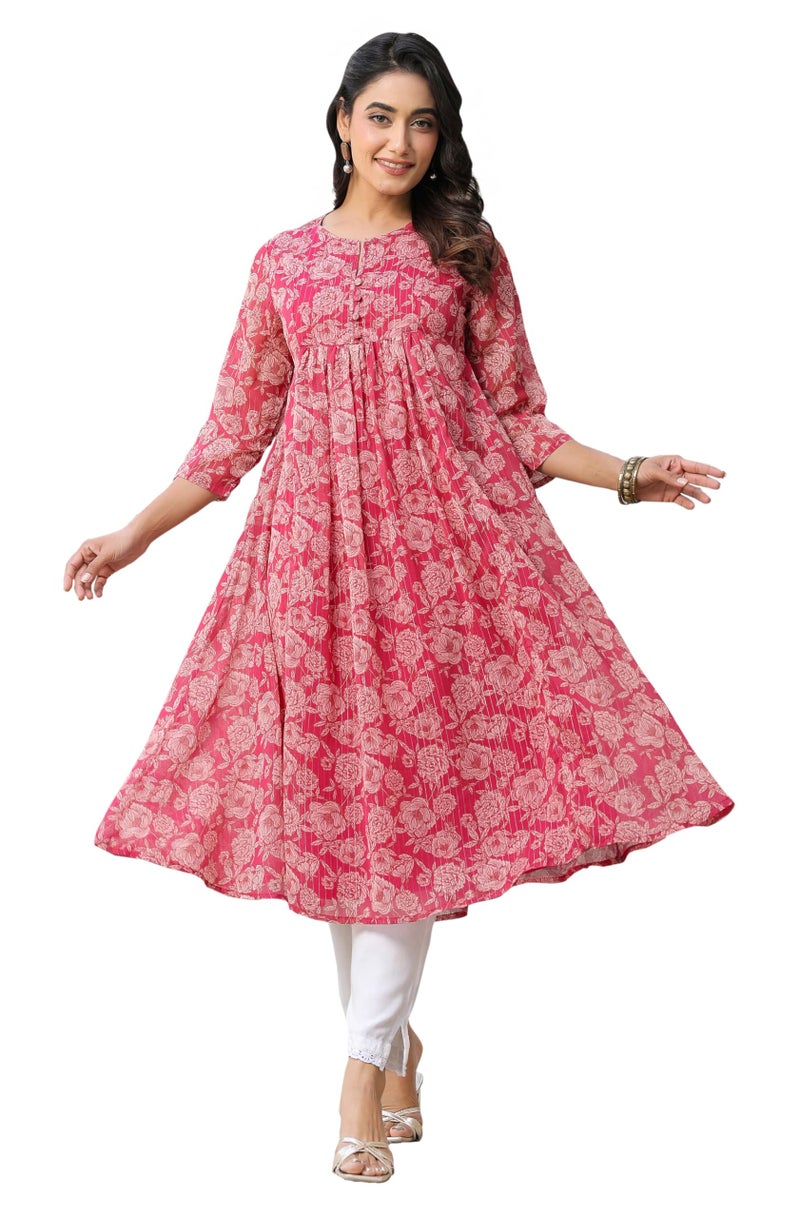 Janasya Women's Dark Pink Chiffon Lurex Floral Printed Flared Kurta (JNE4122-KR-RE-L) - Image 1