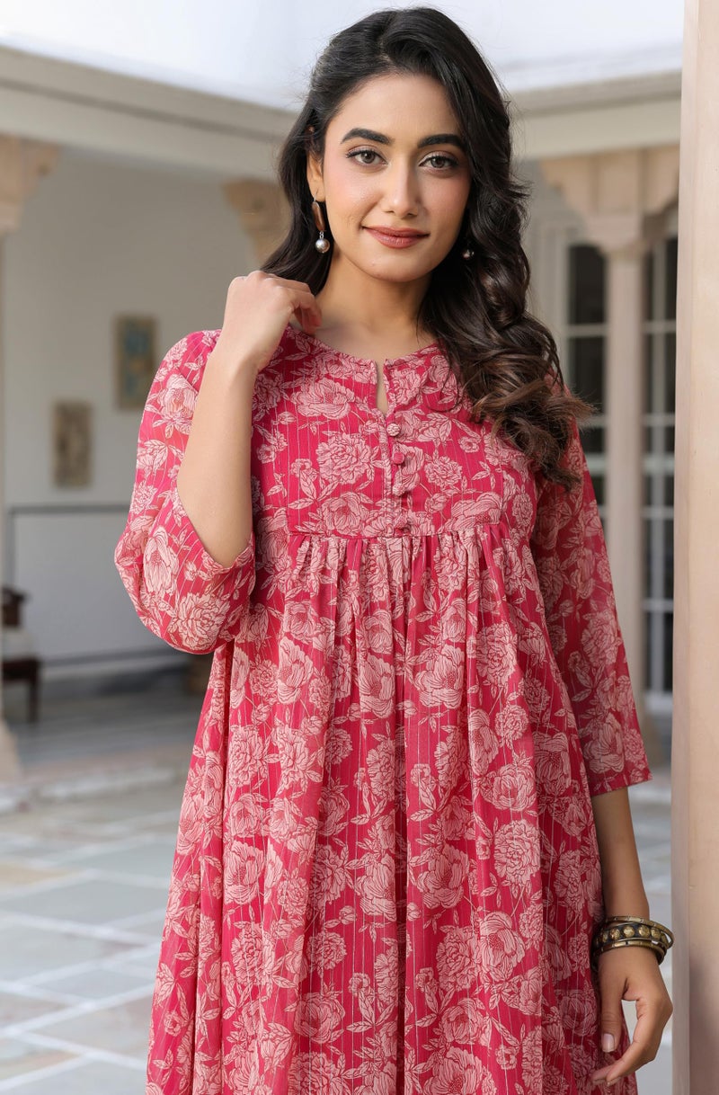 Janasya Women's Dark Pink Chiffon Lurex Floral Printed Flared Kurta (JNE4122-KR-RE-L) - Image 2