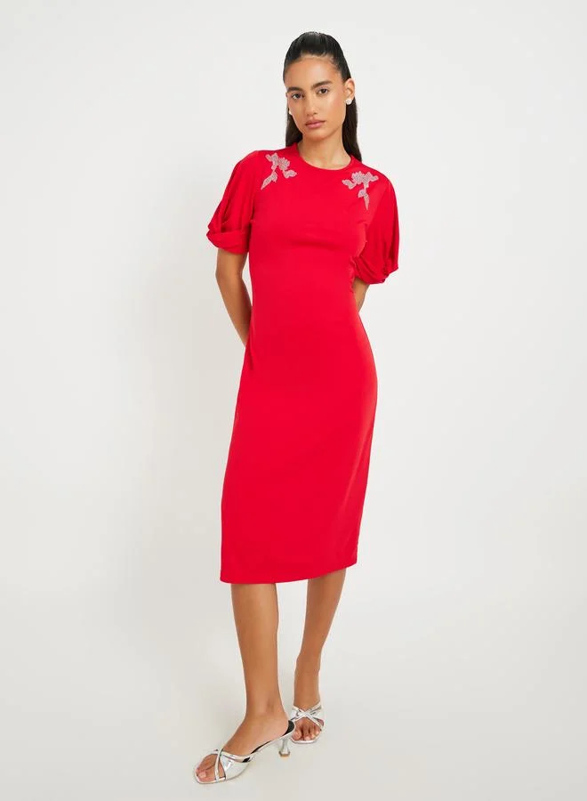 Take Two Take Two Women Red Embellished Detail Short Sleeves Sheath Knee Length Dress