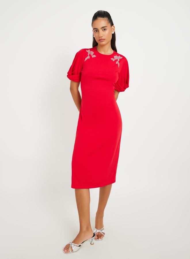 Take Two Women Red Embellished Detail Short Sleeves Sheath Knee Length Dress - Image 1