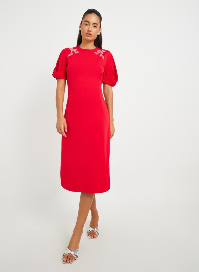 Take Two Women Red Embellished Detail Short Sleeves Sheath Knee Length Dress - Image 2