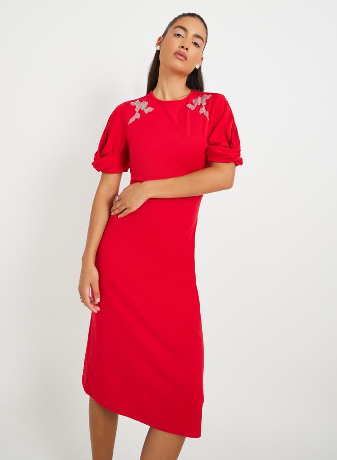 Take Two Women Red Embellished Detail Short Sleeves Sheath Knee Length Dress - Image 3
