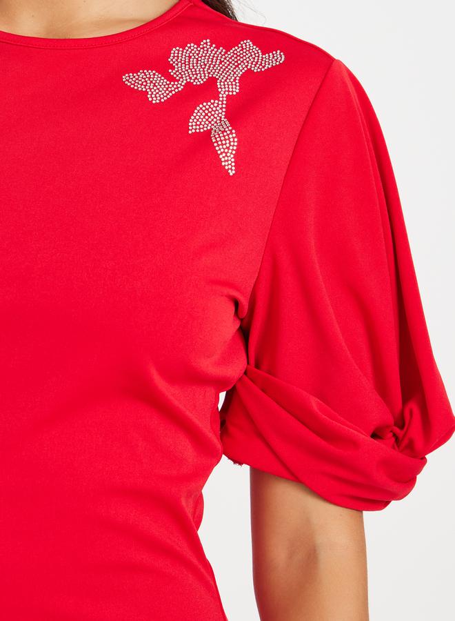 Take Two Women Red Embellished Detail Short Sleeves Sheath Knee Length Dress - Image 4