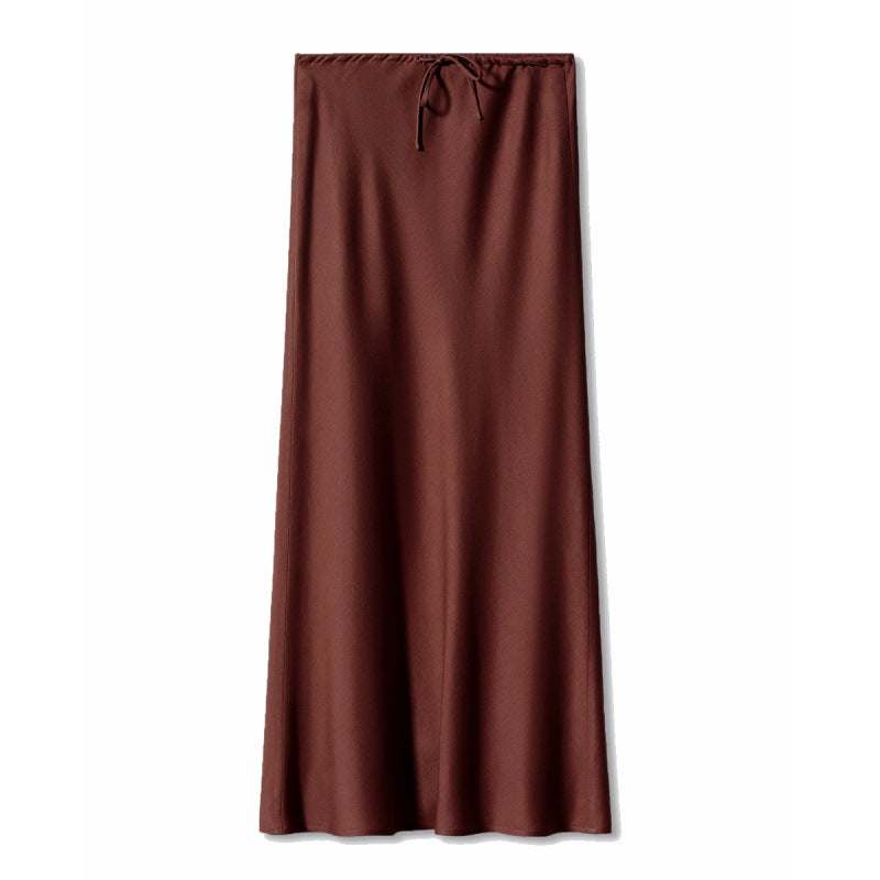 Cross-border Amazon high quality Satin 2024 Long Dress High Waist Drawstring Lace Solid Color Skirt Womens Cross-border Womens Clothing Chocolate color