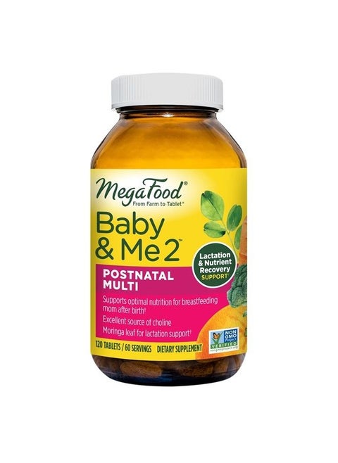Baby & Me 2 Postnatal Multivitamin for Breastfeeding Moms with Folate (Folic Acid Natural Form), Choline, Iodine, Vitamin D, Moringa Leaf and More - 120 Tabs (60 Servings)
