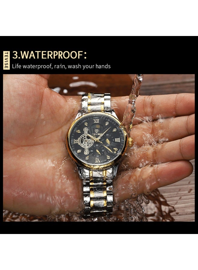 تيفيز ساعة يد كرونوغراف آلية أوتوماتيكية بخاصية مرحلة القمر، مؤشرات مضيئة، حزام معدني من الفولاذ المقاوم للصدأ، للرجال - Image 3