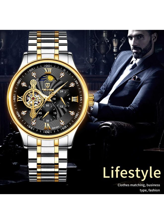 تيفيز ساعة يد كرونوغراف آلية أوتوماتيكية بخاصية مرحلة القمر، مؤشرات مضيئة، حزام معدني من الفولاذ المقاوم للصدأ، للرجال - Image 4