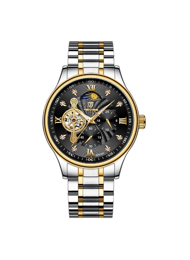 تيفيز ساعة يد كرونوغراف آلية أوتوماتيكية بخاصية مرحلة القمر، مؤشرات مضيئة، حزام معدني من الفولاذ المقاوم للصدأ، للرجال - Image 1