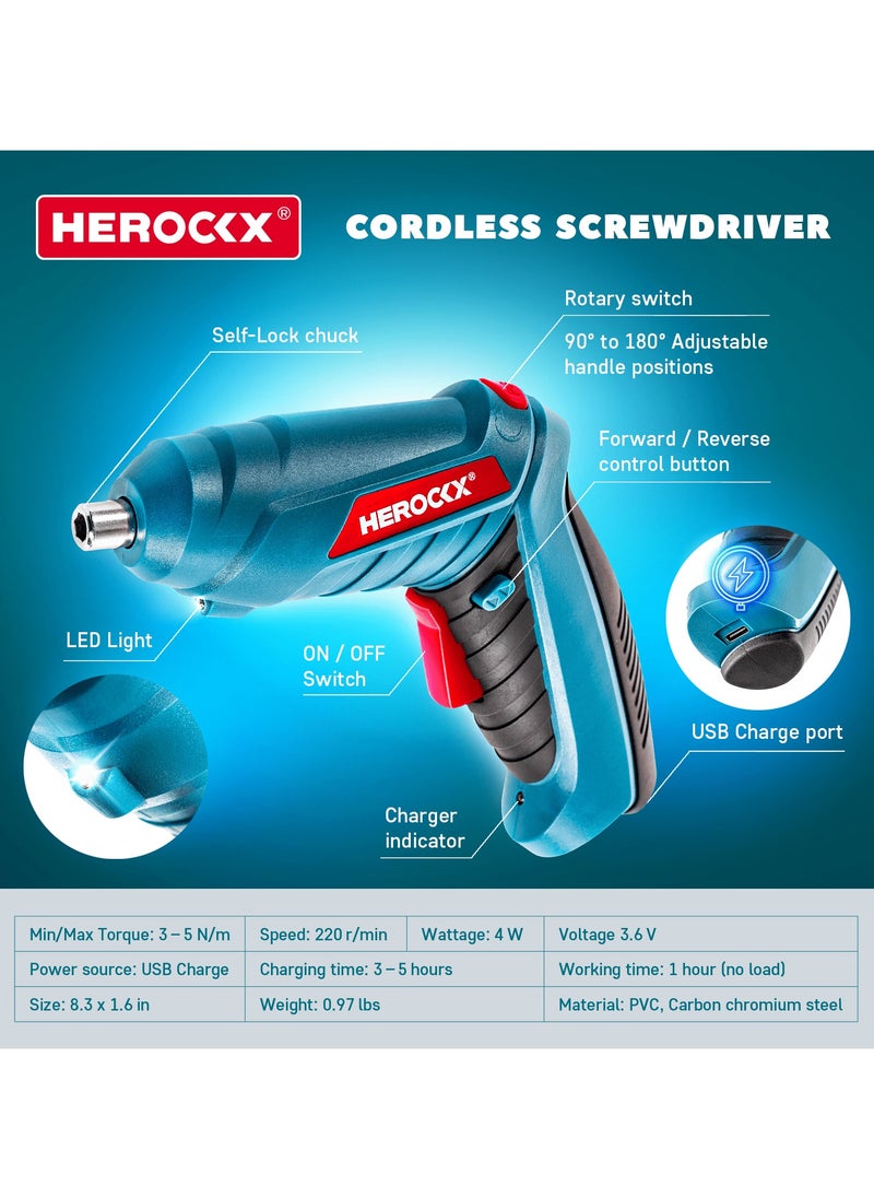 HEROCKX - Electric Screwdriver Set, 47 In 1 Usb Rechargeable 1800Mah Screwdriver Gun Twistable Handle, 3.6V HEROCKX Drill Screwdriver Bits Set With Built-In Led - Image 1
