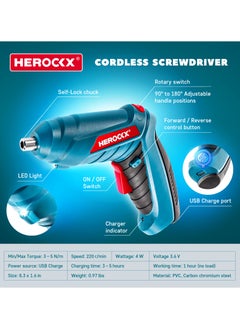 HEROCKX Electric Screwdriver Set, 47 In 1 Usb Rechargeable 1800Mah Screwdriver Gun Twistable Handle, 3.6V HEROCKX Drill Screwdriver Bits Set With Built-In Led  - Image 2