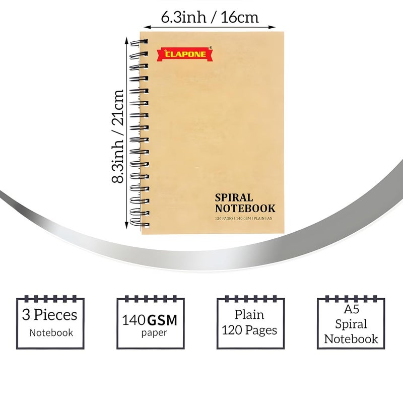 CLAPONE 6 Pcs A5 Spiral Notebook with Natural White 120 Plain Page 140 GSM Heavy Duty Paper for School/College/Office/Home Travel Writing Notebook/Journal/Sketchbook/Notepad Brown/Lightweight/Kraft Cover/Classic Blank Spiral Notebook - Image 2
