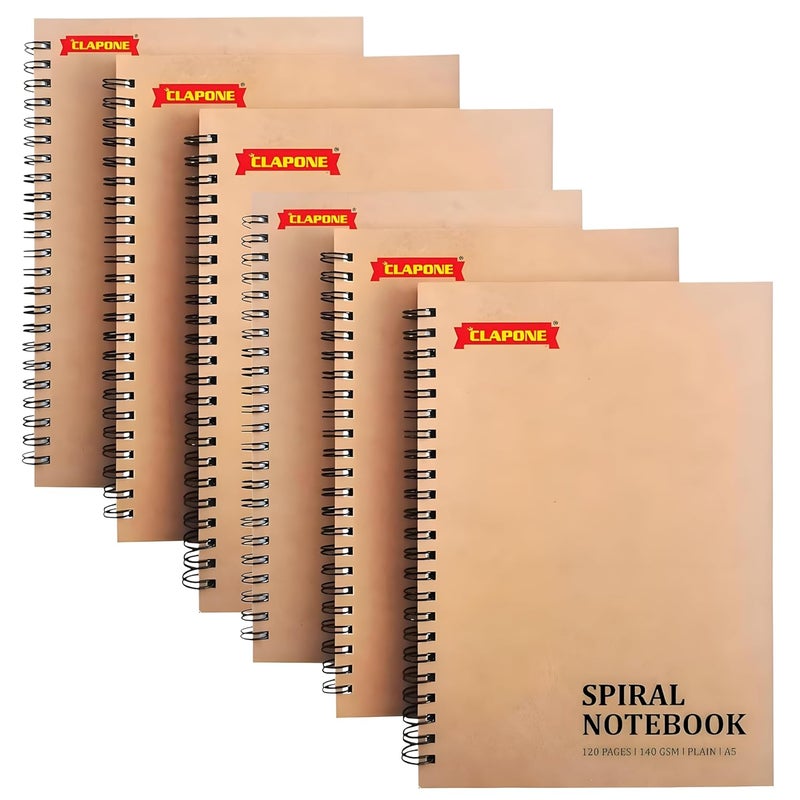 CLAPONE 6 Pcs A5 Spiral Notebook with Natural White 120 Plain Page 140 GSM Heavy Duty Paper for School/College/Office/Home Travel Writing Notebook/Journal/Sketchbook/Notepad Brown/Lightweight/Kraft Cover/Classic Blank Spiral Notebook - Image 1