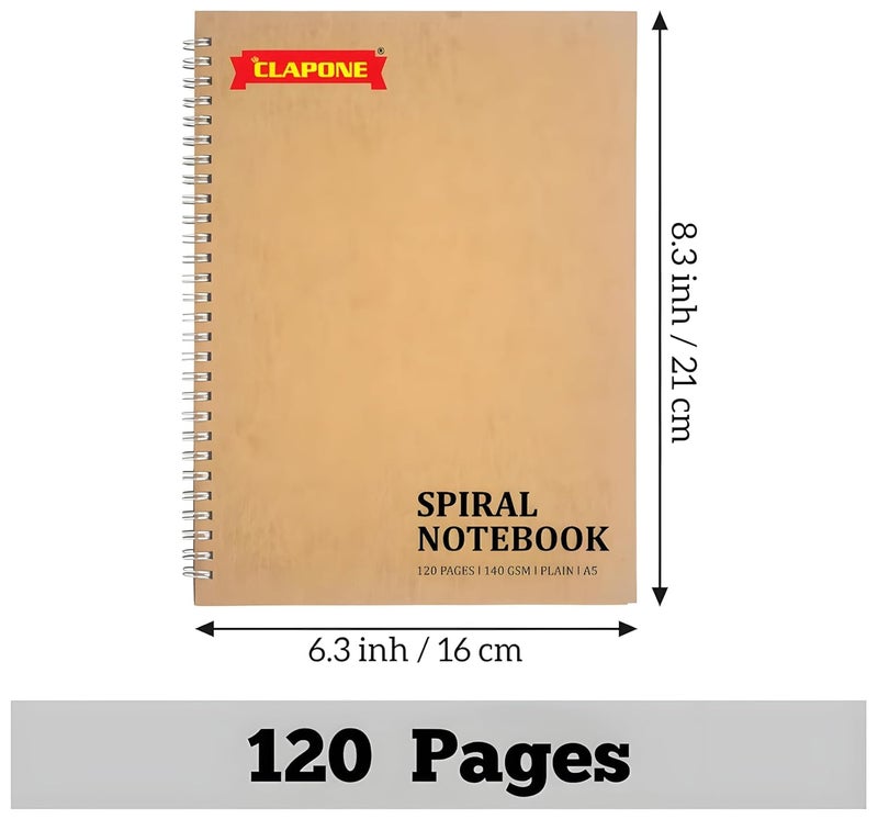 CLAPONE 6 Pcs A5 Spiral Notebook with Natural White 120 Plain Page 140 GSM Heavy Duty Paper for School/College/Office/Home Travel Writing Notebook/Journal/Sketchbook/Notepad Brown/Lightweight/Kraft Cover/Classic Blank Spiral Notebook - Image 5