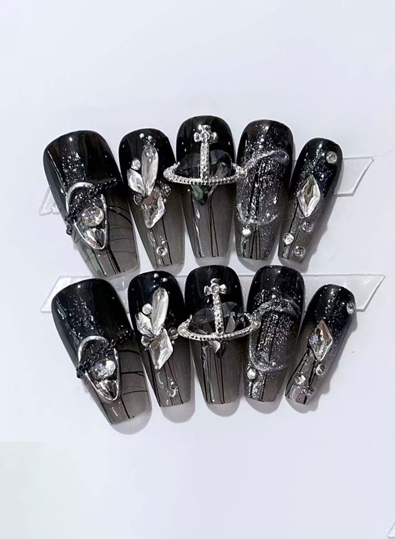 10 PCS Handmade False Nails, Fake Nails, Black Diamond Shimmer, Mid-length Press On Nails - Image 1