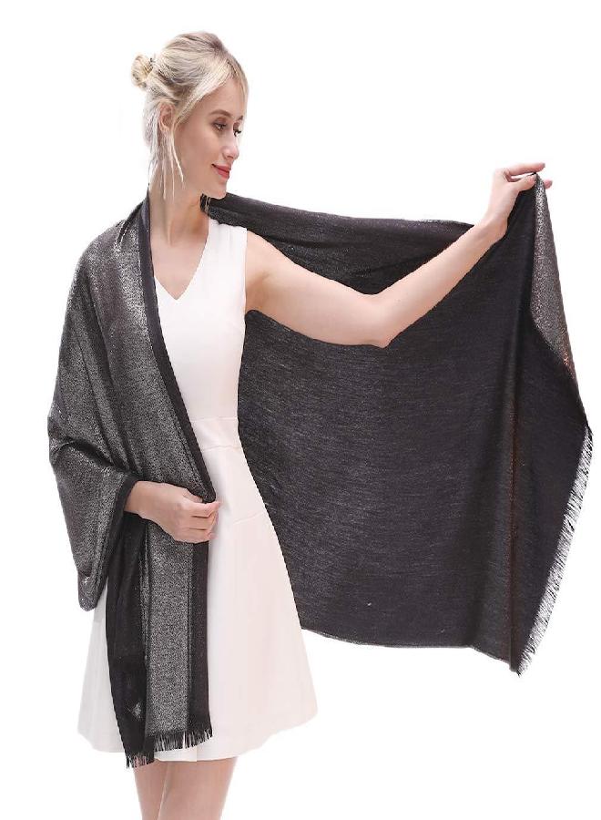 LMVERNA Women's Sparkling Metallic Reversible Pashmina Shawls and Wraps Scarf for Evening Dresses(Black-Silver) - Image 1
