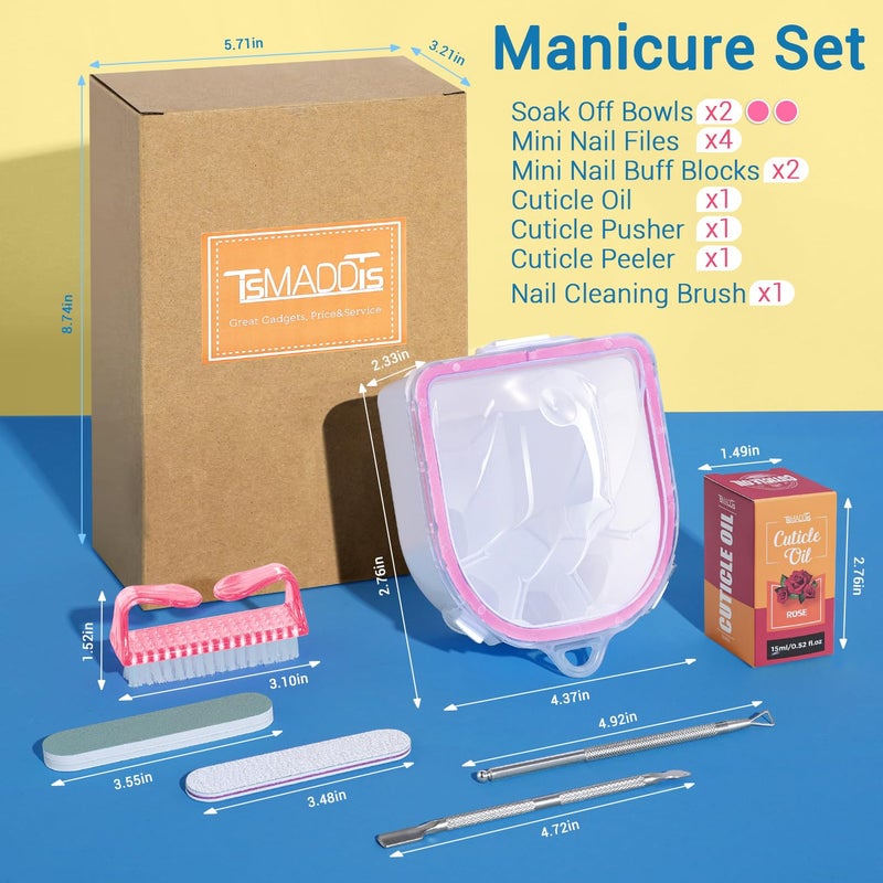 TsMADDTs Nail Polish Remover Kit with 2 pcs Nail Soaking Bowls Manicure Bowls for Hands, Cuticle Remover Tools, Cuticle Oil, Files, Buffers, Brush, Dip Removal Kit - Image 2