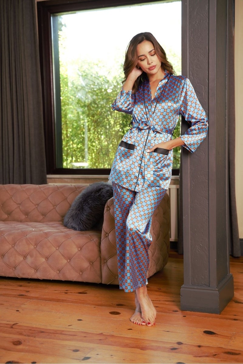 Qvien Secret A+ Quality Baby Blue Patterned Satin Long Sleeve Buttoned Dowry Nightgown Dressing Gown Set - 2022 - Image 5