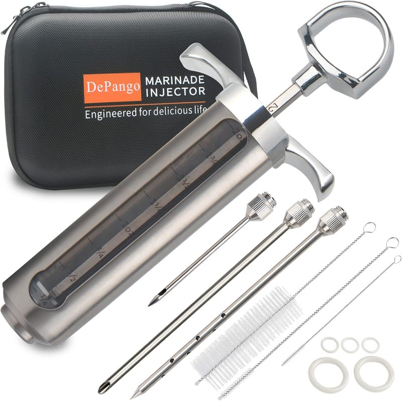 DePango Meat Injector, Stainless Steel Marinade Injector Flavor Syringe Kit with 2-oz Measurement Window for Smoker Food BBQ Grill, Cooking Turkey Chicken Steak Beef Brisket Pork-Chops, 3 Meat Needles - Image 1