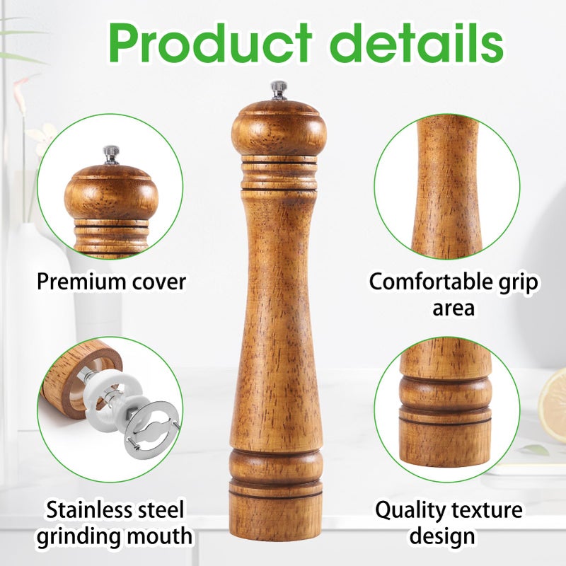 MSMXCS Salt and Pepper Grinder Set,10 inch Wooden Pepper Mill Pepper Shaker Manual Wooden Salt and Pepper Mill Set with Adjustable Ceramic Rotor Refillable Spice Grinders Mills for Home Kitchen - Image 3
