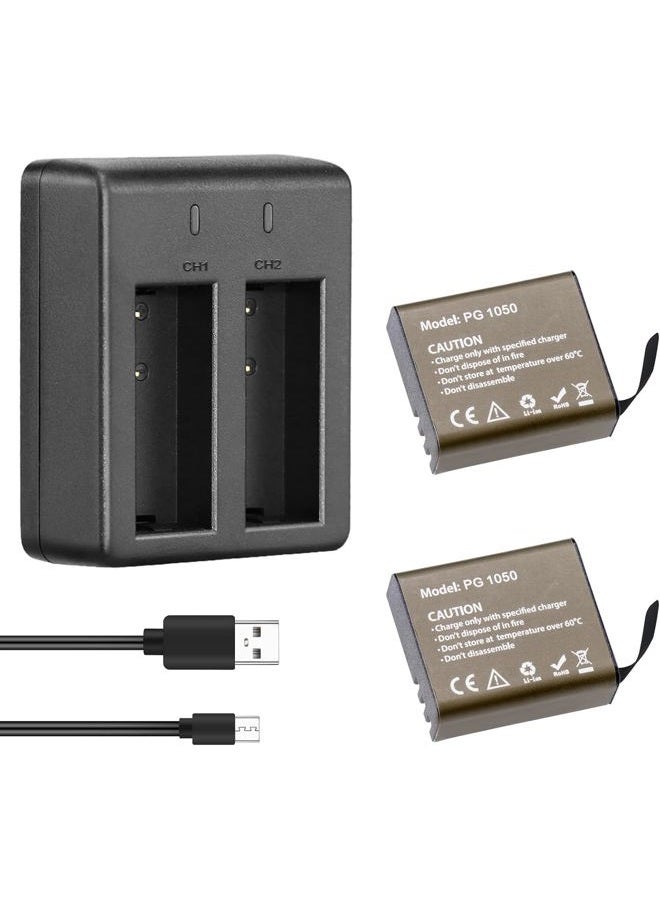Akaso 2 × 1050 مللي أمبير بطارية مع شاحن مزدوج USB لـ EK7000 / EK7000 برو / Brave4 - Image 1