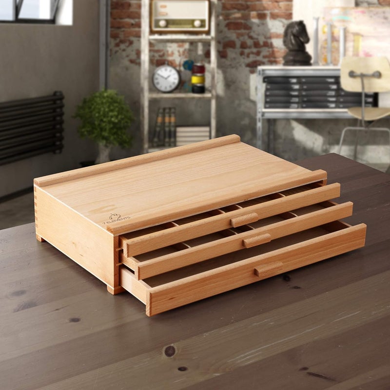 7 Elements 3 Drawer Wooden Artist Storage Supply Box for Pastels, Pencils, Pens, Markers, Brushes and Tools - Image 2