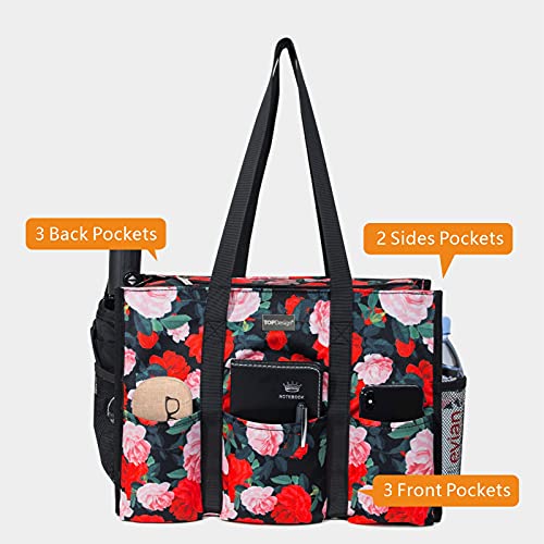 TOPDesign Utility Water Resistant Tote Bag with 13 Exterior & Interior Pockets, Top Zipper Closure & Thick Bottom Support, for Working Women, Teachers, Nurses, Accountants (Chinese Rose) - Image 3