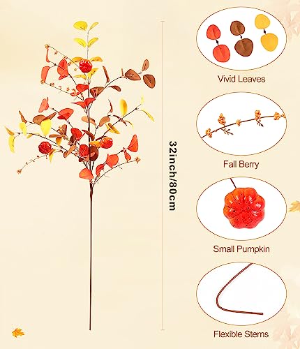 Beferr Fall Eucalyptus Stems Christmas Decor 5Pcs 32 Tall Faux Eucalyptus Leaves Pumpkins Branches Autumn Thanksgiving Farmhouse Harvest Fireplace Table Centerpiece Home Decorations - Image 3