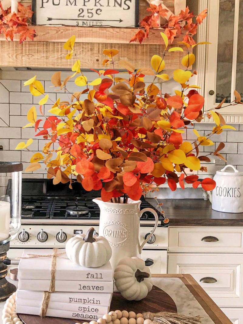 Beferr Fall Eucalyptus Stems Christmas Decor 5Pcs 32 Tall Faux Eucalyptus Leaves Pumpkins Branches Autumn Thanksgiving Farmhouse Harvest Fireplace Table Centerpiece Home Decorations - Image 2