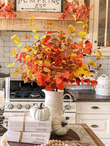 Beferr Fall Eucalyptus Stems Christmas Decor 5Pcs 32 Tall Faux Eucalyptus Leaves Pumpkins Branches Autumn Thanksgiving Farmhouse Harvest Fireplace Table Centerpiece Home Decorations - Image 1