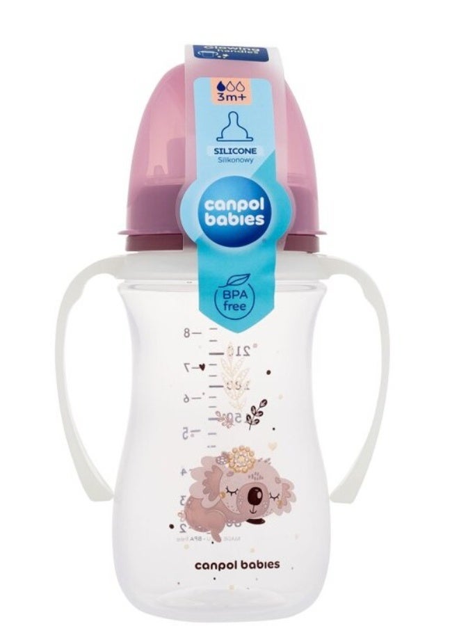 Canpol Babies Silicone Feeding Bottle with Handles | Pink Koala Design | 210 ml | 3m+ | BPA Free | Soft Silicone Teat | Easy Grip for Self-Feeding - Image 1