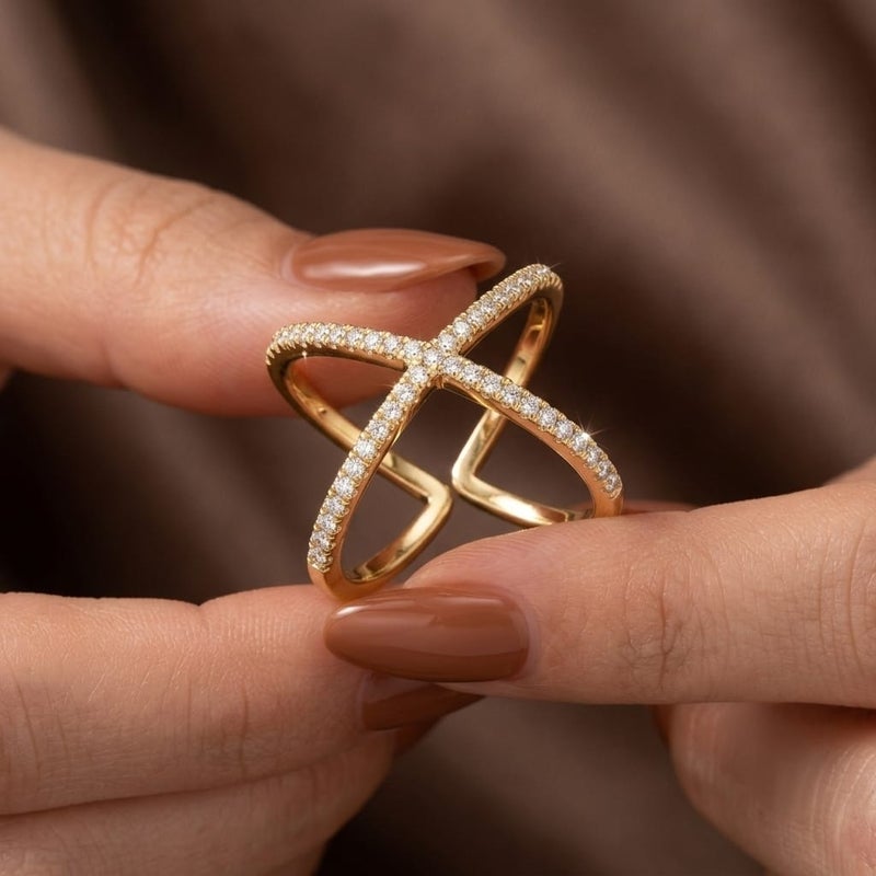 An elegant gold ring with a cross design, adorned with delicate rows of sparkling zircon stones. The open, adjustable design offers a modern and luxurious look that perfectly suits you. - Image 4