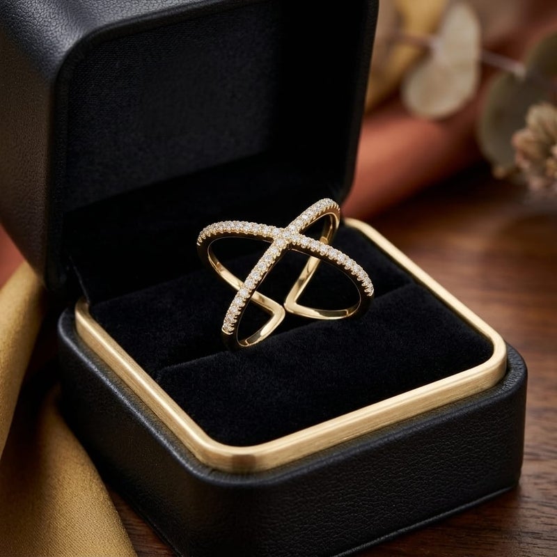 An elegant gold ring with a cross design, adorned with delicate rows of sparkling zircon stones. The open, adjustable design offers a modern and luxurious look that perfectly suits you. - Image 5