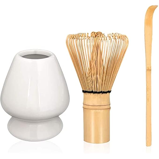 كاست ويف طقم شاي ياباني، ملحقات حفل شاي ماتشا، طقم أدوات مزج شاي ماتشا التقليدي، طقم مكون من 3 قطع، أبيض - Image 1