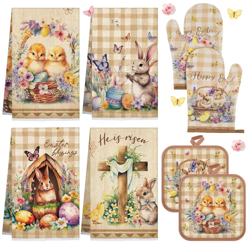 VitalCozy 8 Pcs Easter Kitchen Towels Oven Mitts and Pot Holder Sets Happy Easter Floral Kitchen Towels Retro Dish Towel Cute Bunny Egg Cross Heat Resistant Oven Gloves Potholder for Holiday Baking - Image 2