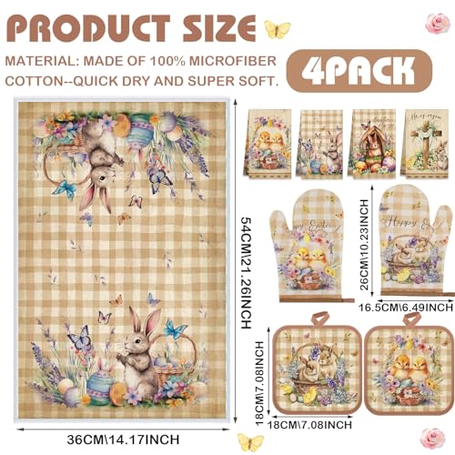 VitalCozy 8 Pcs Easter Kitchen Towels Oven Mitts and Pot Holder Sets Happy Easter Floral Kitchen Towels Retro Dish Towel Cute Bunny Egg Cross Heat Resistant Oven Gloves Potholder for Holiday Baking - Image 3