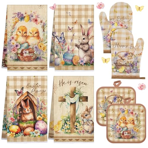 VitalCozy 8 Pcs Easter Kitchen Towels Oven Mitts and Pot Holder Sets Happy Easter Floral Kitchen Towels Retro Dish Towel Cute Bunny Egg Cross Heat Resistant Oven Gloves Potholder for Holiday Baking - Image 1