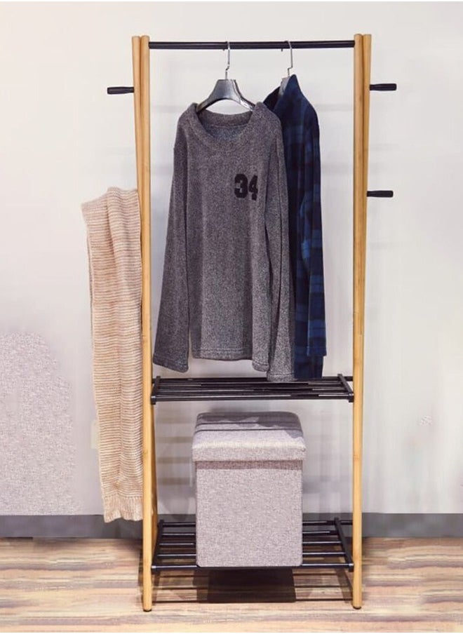 Cady One - Wooden Clothes Hanger with 2 Iron Shelves, Clothes Organizer and Wooden Clothes Rack 100*161*39 cm - Image 1