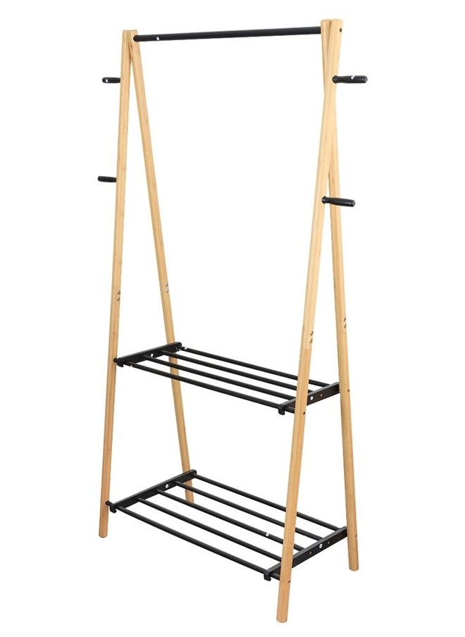 Cady One - Wooden Clothes Hanger with 2 Iron Shelves, Clothes Organizer and Wooden Clothes Rack 100*161*39 cm - Image 1