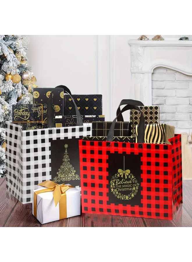 10 قطع حقيبة هدايا كريسماس كبيرة مختلطة باللونين الأحمر والأسود بمقابض متينة قابلة لإعادة الاستخدام - Image 3