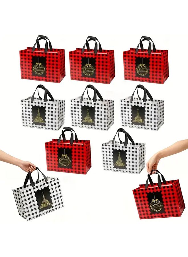 10 قطع حقيبة هدايا كريسماس كبيرة مختلطة باللونين الأحمر والأسود بمقابض متينة قابلة لإعادة الاستخدام - Image 1