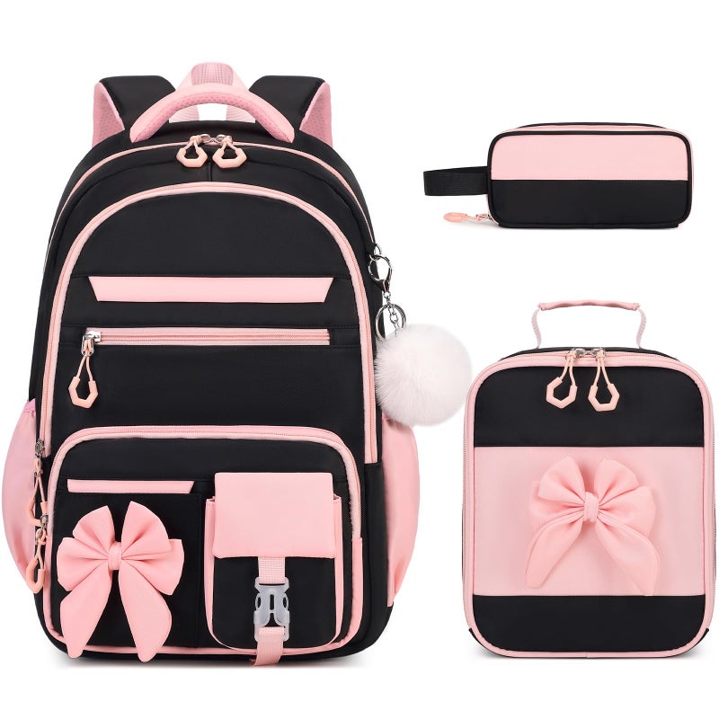 DIGOBAY Backpack for Girls, 3PCS Girls Backpack for School with Lunch Bag Pencil Case, Cute Kids Teens Bookbag for Kindergarten Elementary Preschool Middle School (Black-Pink) - Image 1