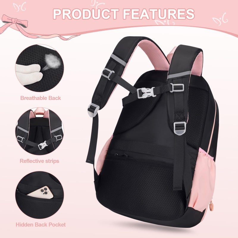 DIGOBAY Backpack for Girls, 3PCS Girls Backpack for School with Lunch Bag Pencil Case, Cute Kids Teens Bookbag for Kindergarten Elementary Preschool Middle School (Black-Pink) - Image 4