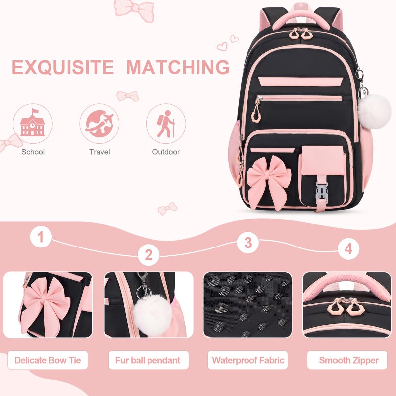 DIGOBAY Backpack for Girls, 3PCS Girls Backpack for School with Lunch Bag Pencil Case, Cute Kids Teens Bookbag for Kindergarten Elementary Preschool Middle School (Black-Pink) - Image 5