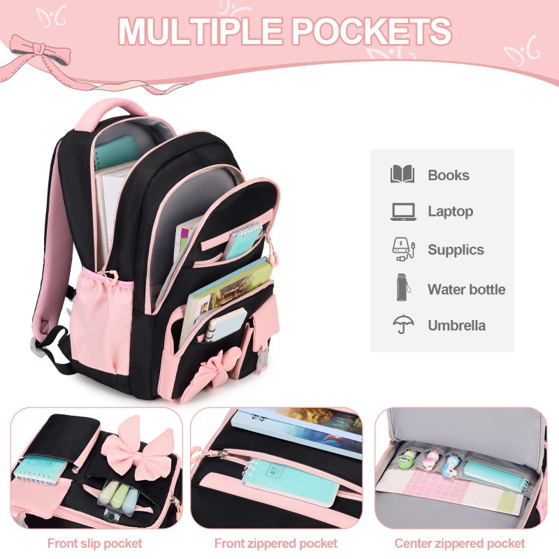 DIGOBAY Backpack for Girls, 3PCS Girls Backpack for School with Lunch Bag Pencil Case, Cute Kids Teens Bookbag for Kindergarten Elementary Preschool Middle School (Black-Pink) - Image 3