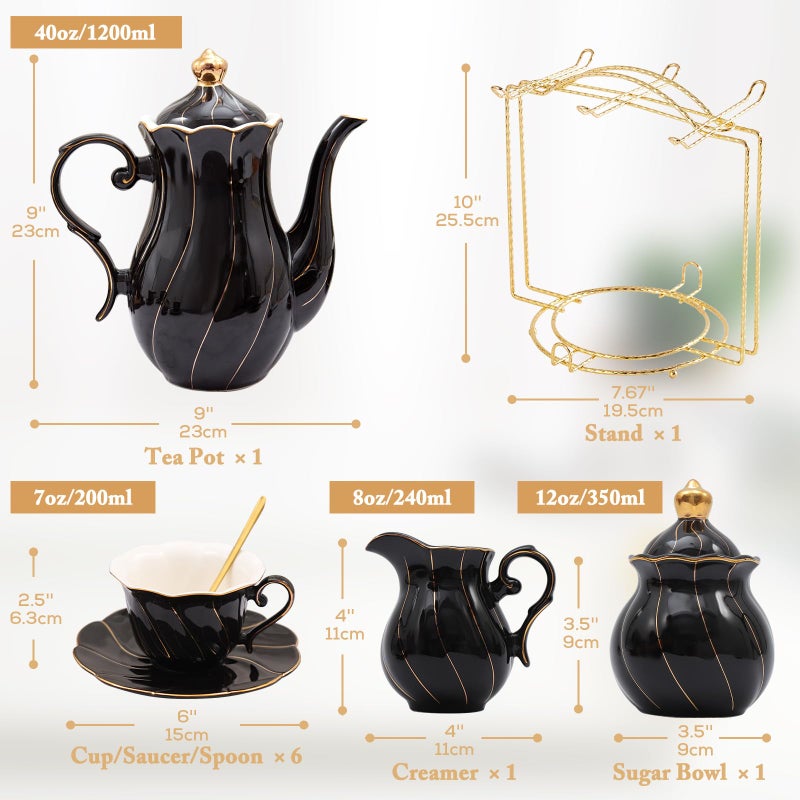 DUJUST 22 pcs Porcelain Tea Set for 6, Luxury British Style Tea/Coffee Cup Set with Golden Trim, Beautiful Tea Set for Women, Tea Party Set, Gift Package (Including a Stand) - Black - Image 5