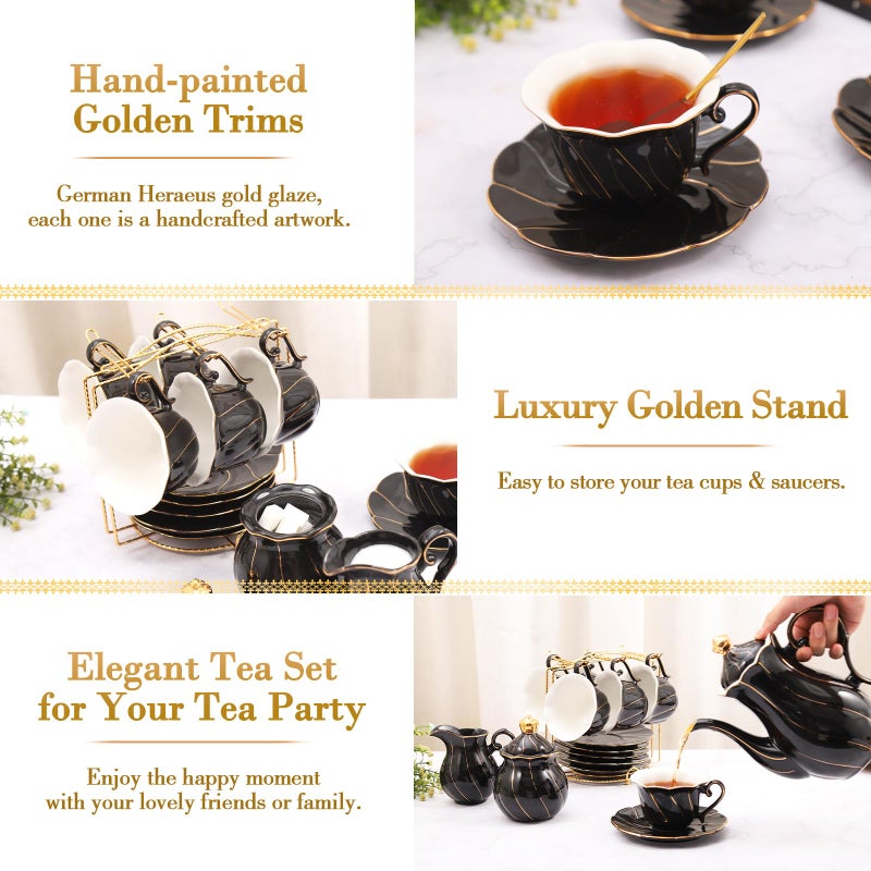 DUJUST 22 pcs Porcelain Tea Set for 6, Luxury British Style Tea/Coffee Cup Set with Golden Trim, Beautiful Tea Set for Women, Tea Party Set, Gift Package (Including a Stand) - Black - Image 4