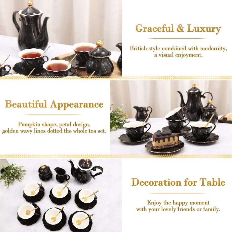 DUJUST 22 pcs Porcelain Tea Set for 6, Luxury British Style Tea/Coffee Cup Set with Golden Trim, Beautiful Tea Set for Women, Tea Party Set, Gift Package (Including a Stand) - Black - Image 3