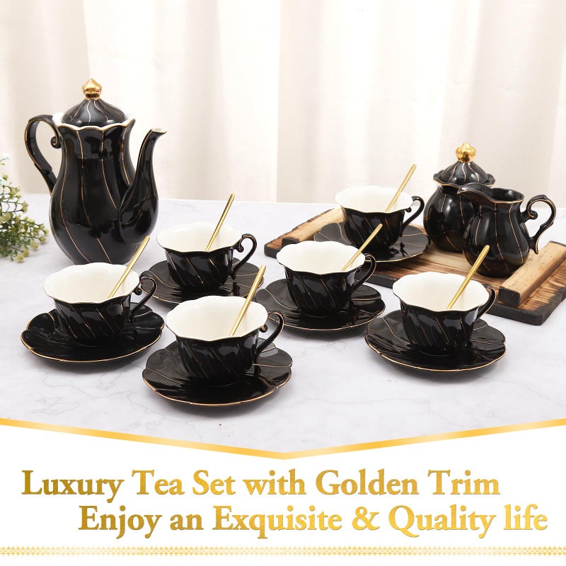 DUJUST 22 pcs Porcelain Tea Set for 6, Luxury British Style Tea/Coffee Cup Set with Golden Trim, Beautiful Tea Set for Women, Tea Party Set, Gift Package (Including a Stand) - Black - Image 2