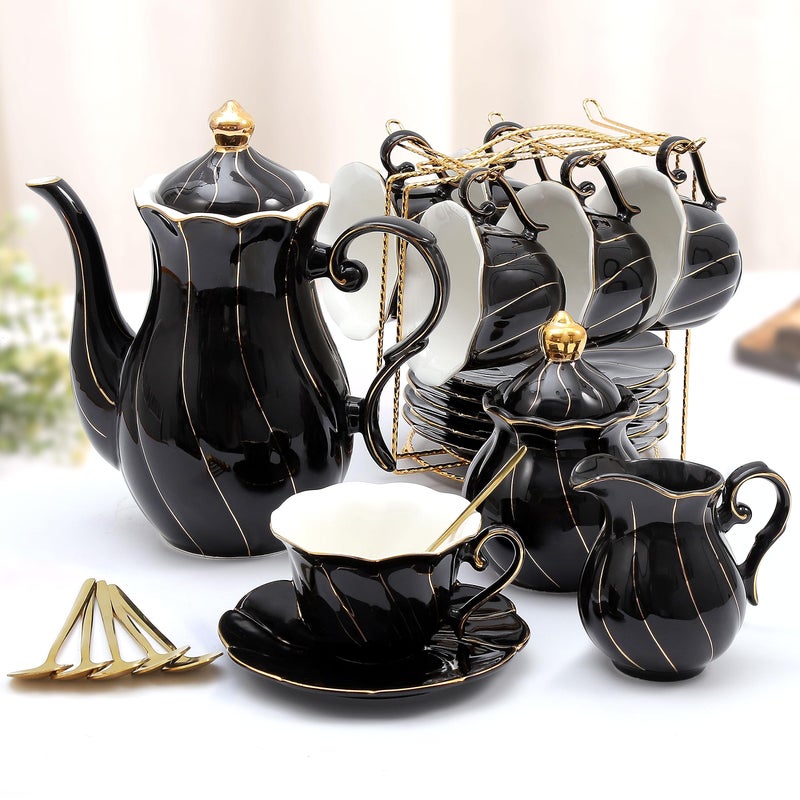 DUJUST 22 pcs Porcelain Tea Set for 6, Luxury British Style Tea/Coffee Cup Set with Golden Trim, Beautiful Tea Set for Women, Tea Party Set, Gift Package (Including a Stand) - Black - Image 1